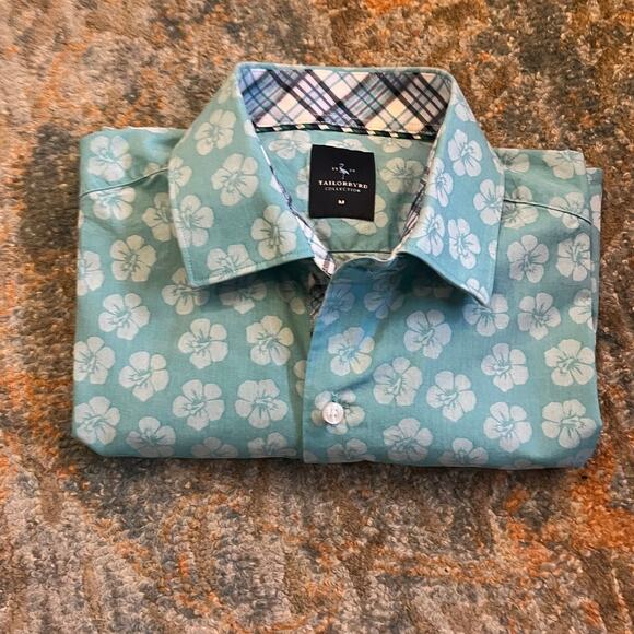 TailorByrd Men’s Short Sleeve Teal Floral Button Up Shirt, M - Picture 4 of 4